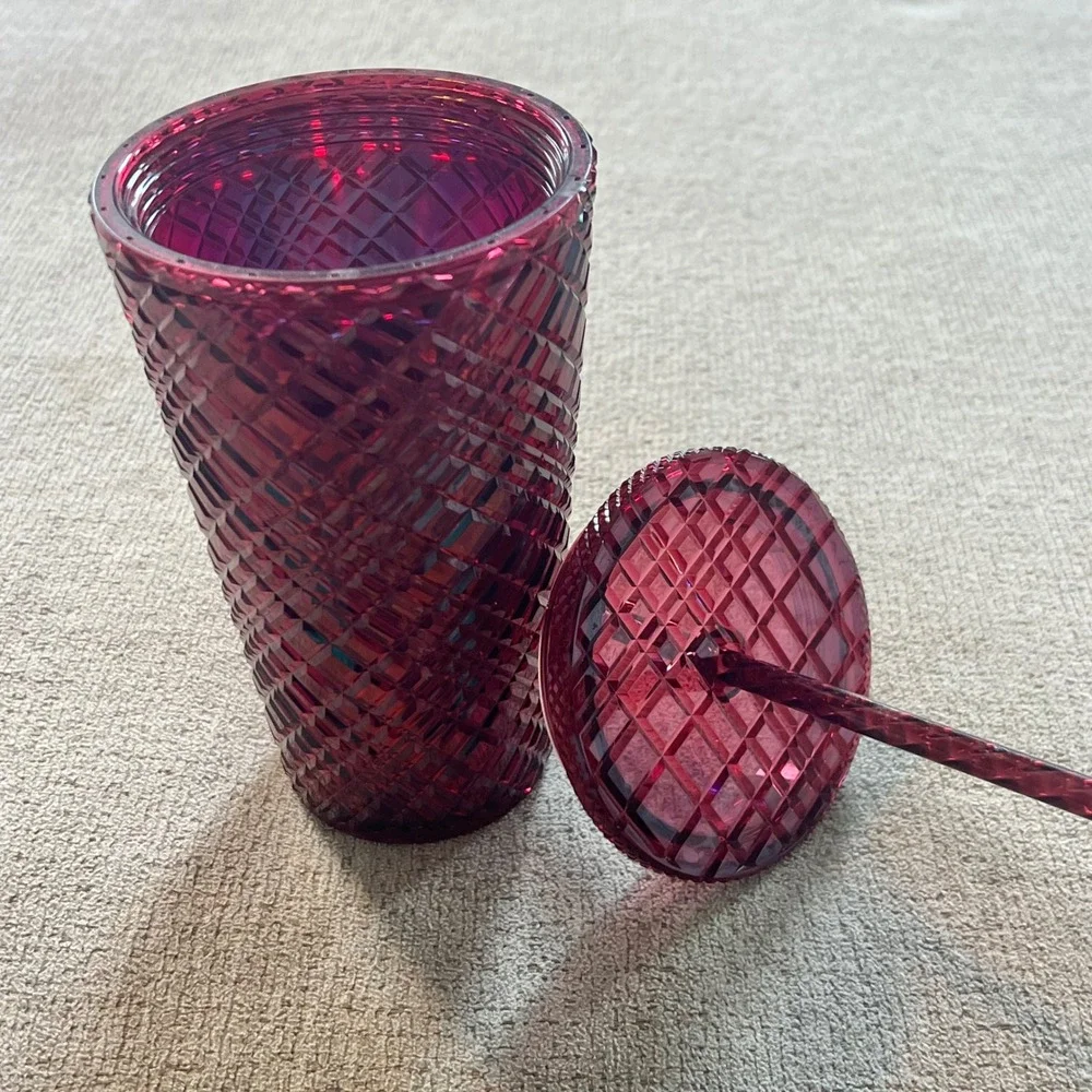 Starbucks Red Ruby Jewel Textured Cold Cup Tumbler 24oz Venti Grid Lid Straw